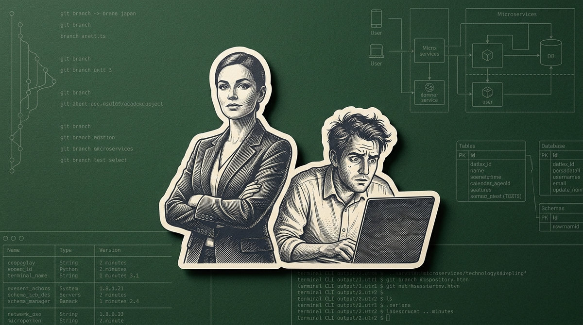 Confident CTO figure contrasted with overwhelmed founder at a laptop, on a dark green tech board surface