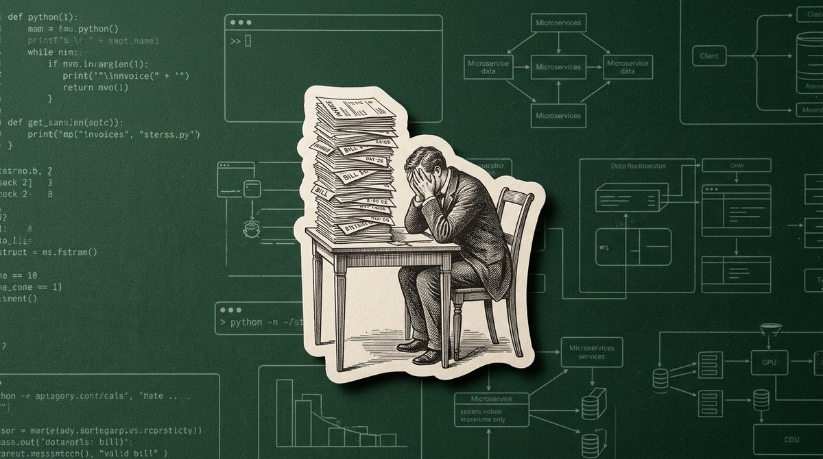Founder figure overwhelmed by a stack of invoices at their desk, on a dark green tech board surface