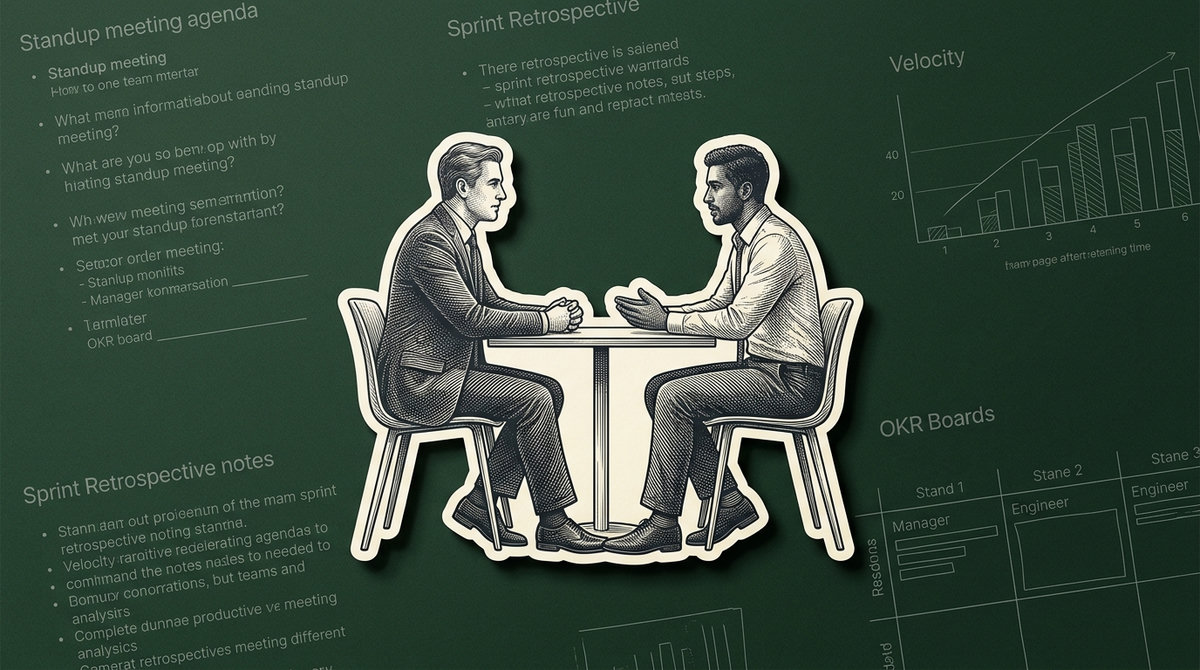 Founder and engineer in a 1:1 meeting on a dark green tech board surface