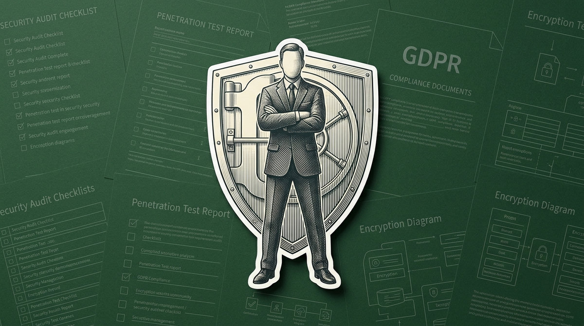 Founder figure standing in front of a large shield on a dark green tech board surface
